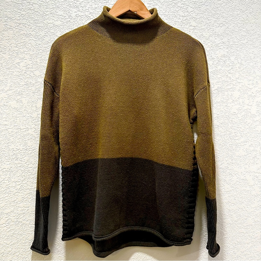 Tahari | Wool Knit Color Block Mock Turtle Neck | Olive Green | S